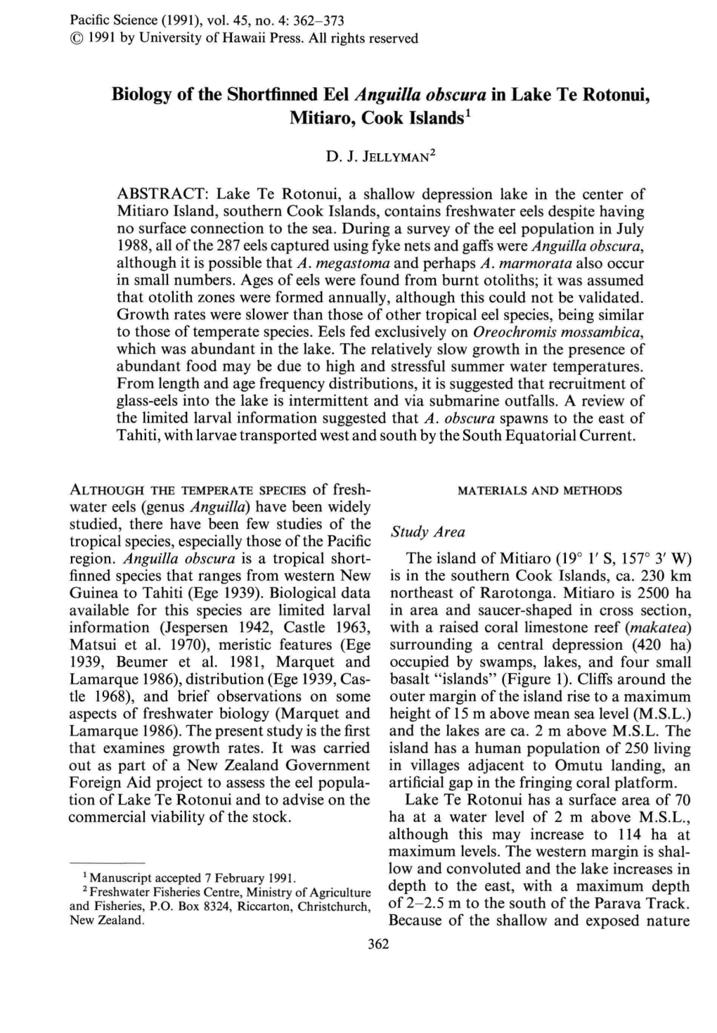 Biology of the Shortfinned Eel Anguilla Obscura in Lake Te Rotonui, Mitiaro, Cook Islands 1