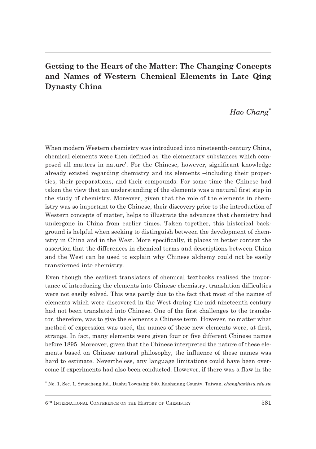 Getting to the Heart of the Matter: the Changing Concepts and Names of Western Chemical Elements in Late Qing Dynasty China