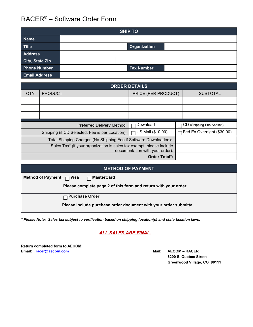 RACER Software Order Form