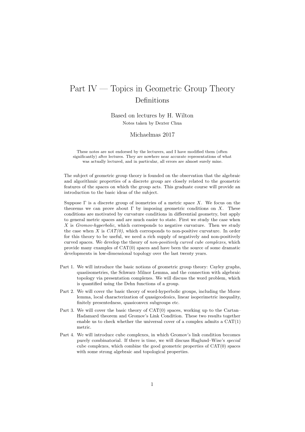 Part IV — Topics in Geometric Group Theory Deﬁnitions
