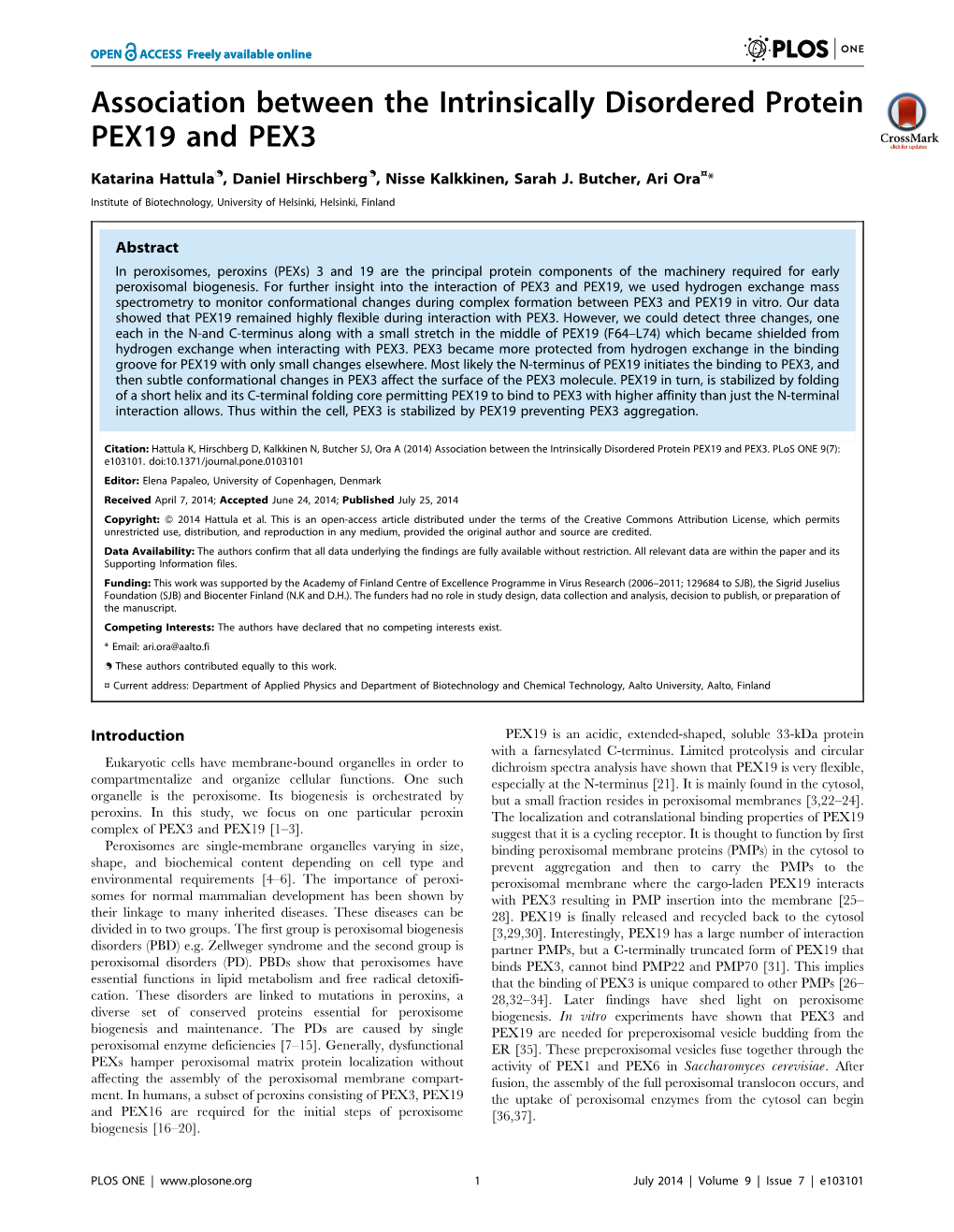 Association Between the Intrinsically Disordered Protein PEX19 and PEX3