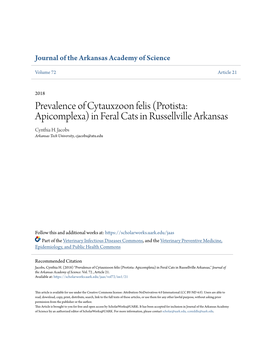 Prevalence of Cytauxzoon Felis (Protista: Apicomplexa) in Feral Cats in Russellville Arkansas Cynthia H