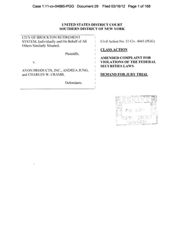City of Brockton Retirement System, Et Al. V. Avon Products, Inc., Et Al. 11-CV-04665-Amended Complaint for Violations of the Fe