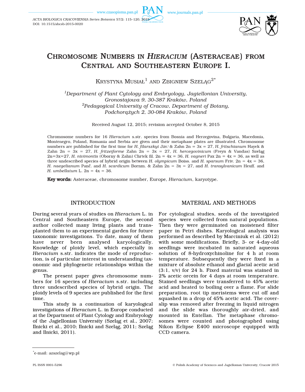 Chromosome Numbers in Hieracium (Asteraceae) from Central and Southeastern Europe I