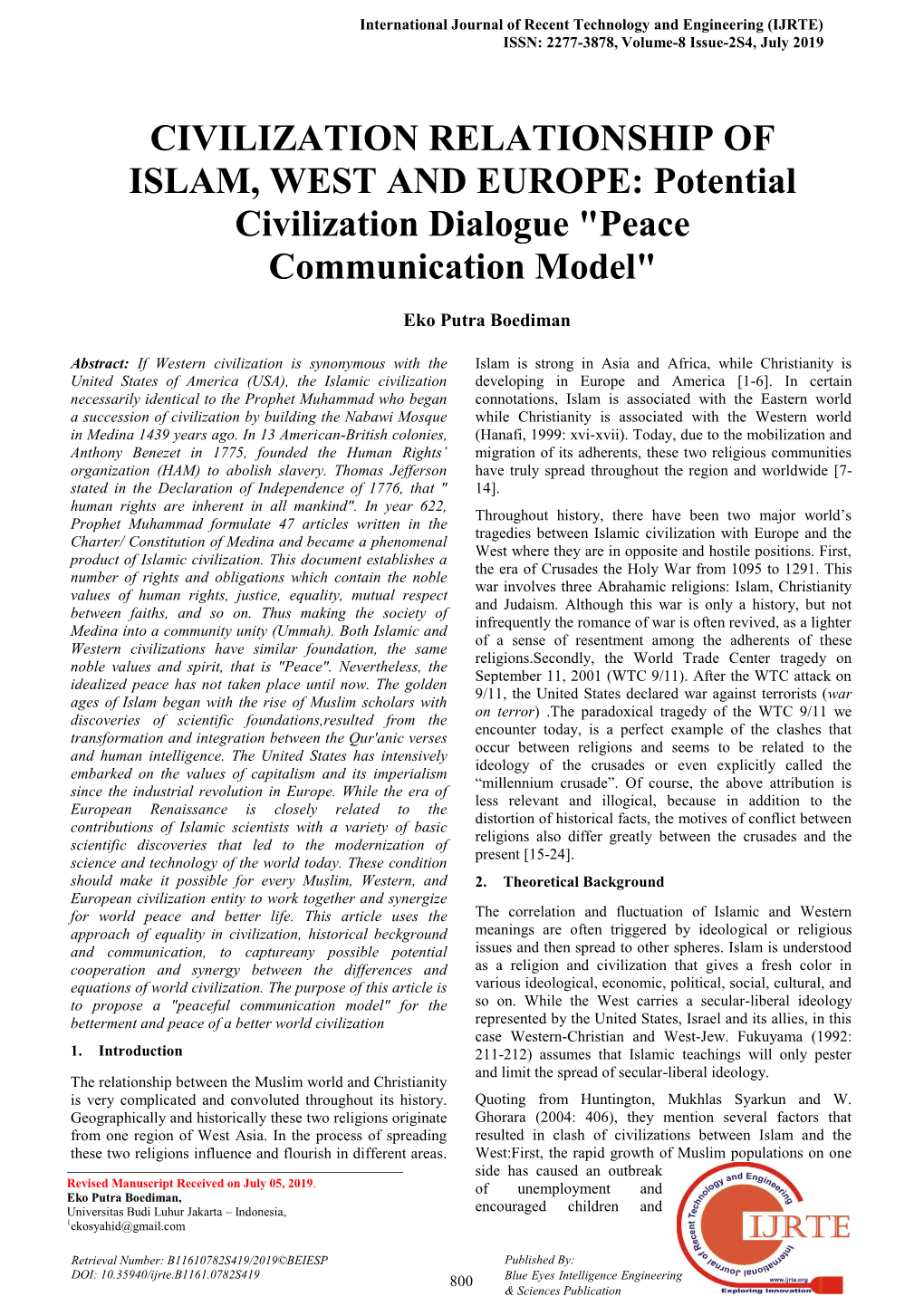 CIVILIZATION RELATIONSHIP of ISLAM, WEST and EUROPE: Potential Civilization Dialogue "Peace Communication Model"