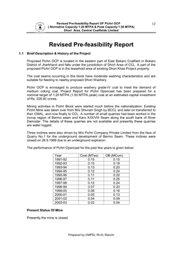 Pre-Feasibility Report of Pichri OCP 12 ( Normative Capacity 1.20 MTPA & Peak Capacity 1.50 MTPA) Dhori Area, Central Coalfields Limited