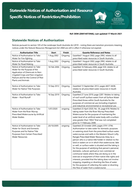 Statewide Notices of Authorisation and Resource Specific Notices of Restriction/Prohibition