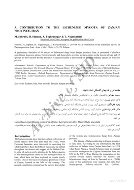 A Contribution to the Lichenized Mycota of Zanjan Province, Iran