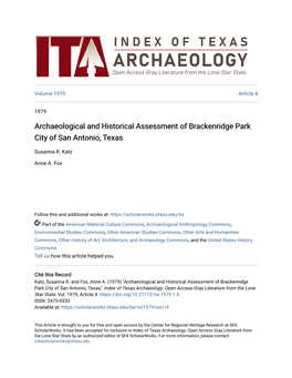 Archaeological and Historical Assessment of Brackenridge Park City of San Antonio, Texas