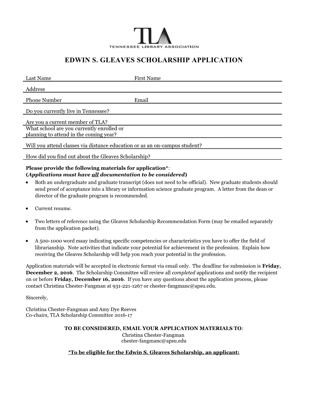 Edwin S. Gleaves Scholarship Application