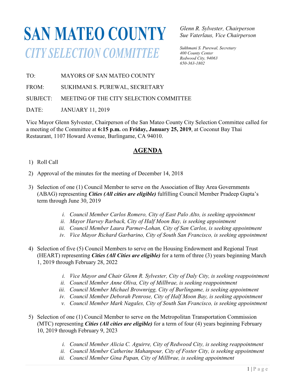 San Mateo County City Selection Committee Called for a Meeting of the Committee at 6:15 P.M