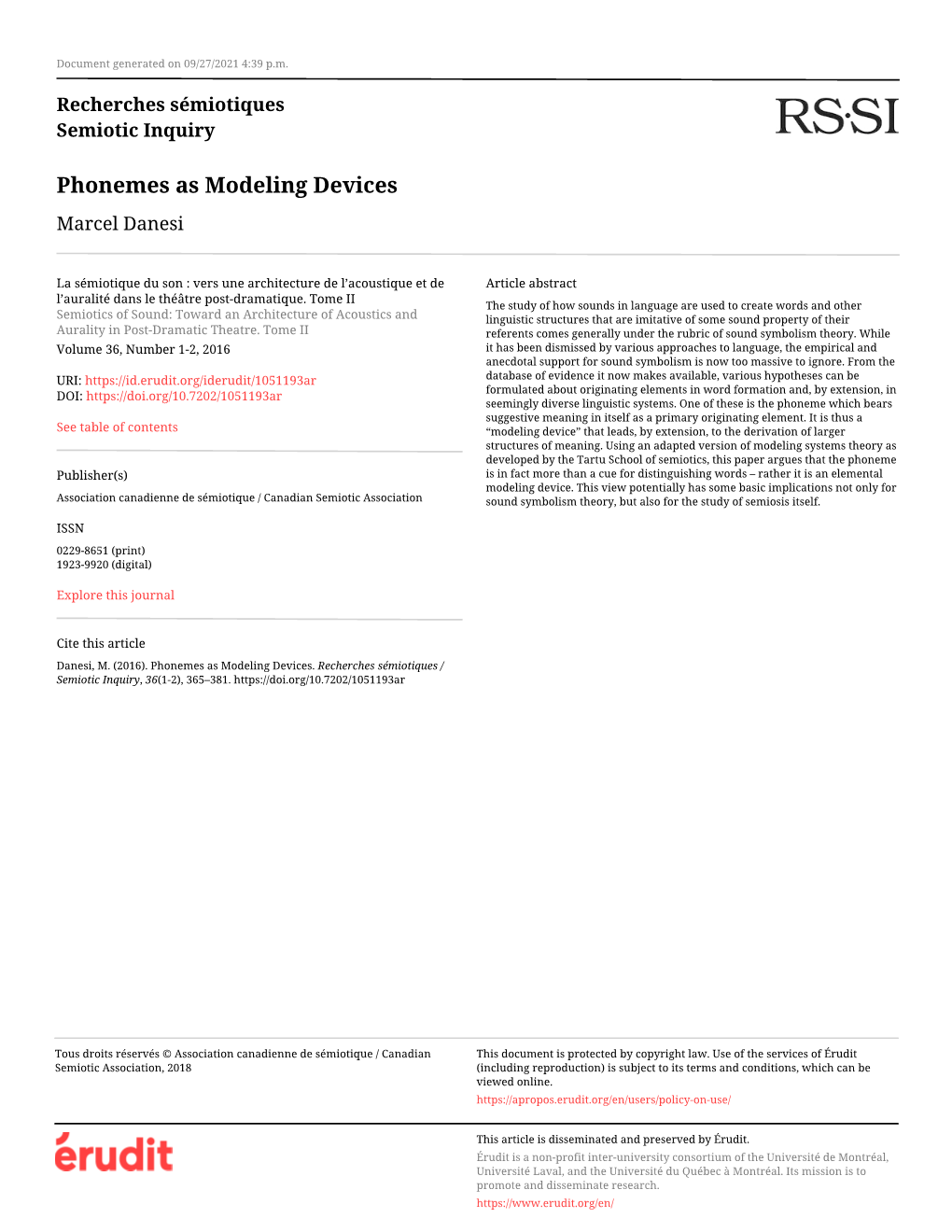 Phonemes As Modeling Devices Marcel Danesi