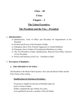 10 Civics Chapter – 2 the Union Executive: the President and the Vice