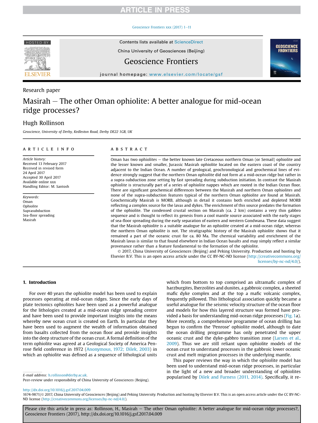 Masirah E the Other Oman Ophiolite: a Better Analogue for Mid-Ocean Ridge Processes?