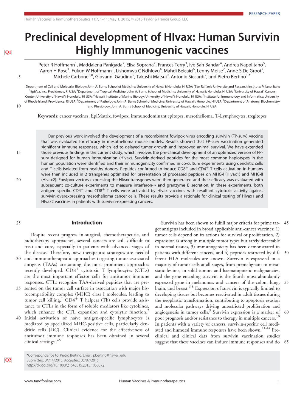 Preclinical Development of Hivax: Human Survivin Highly