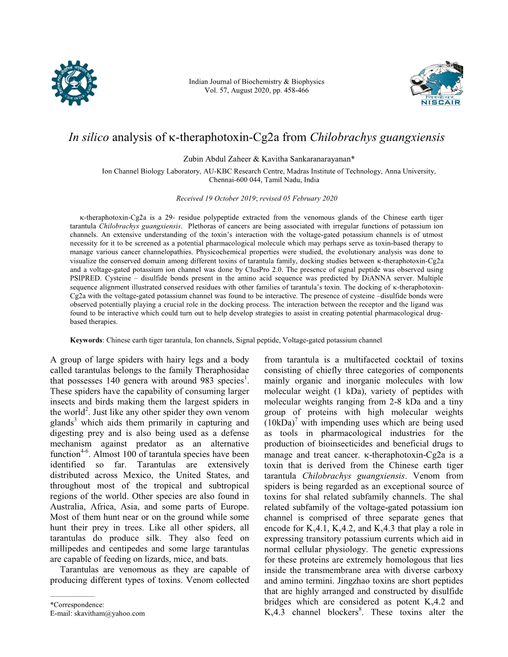 In Silico Analysis of Κ-Theraphotoxin-Cg2a from Chilobrachys Guangxiensis
