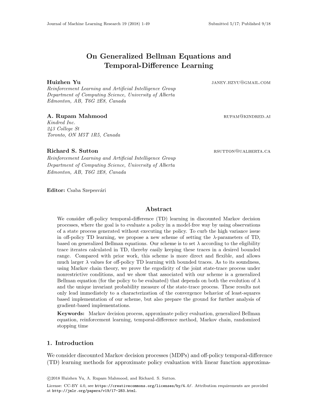 On Generalized Bellman Equations and Temporal-Difference Learning