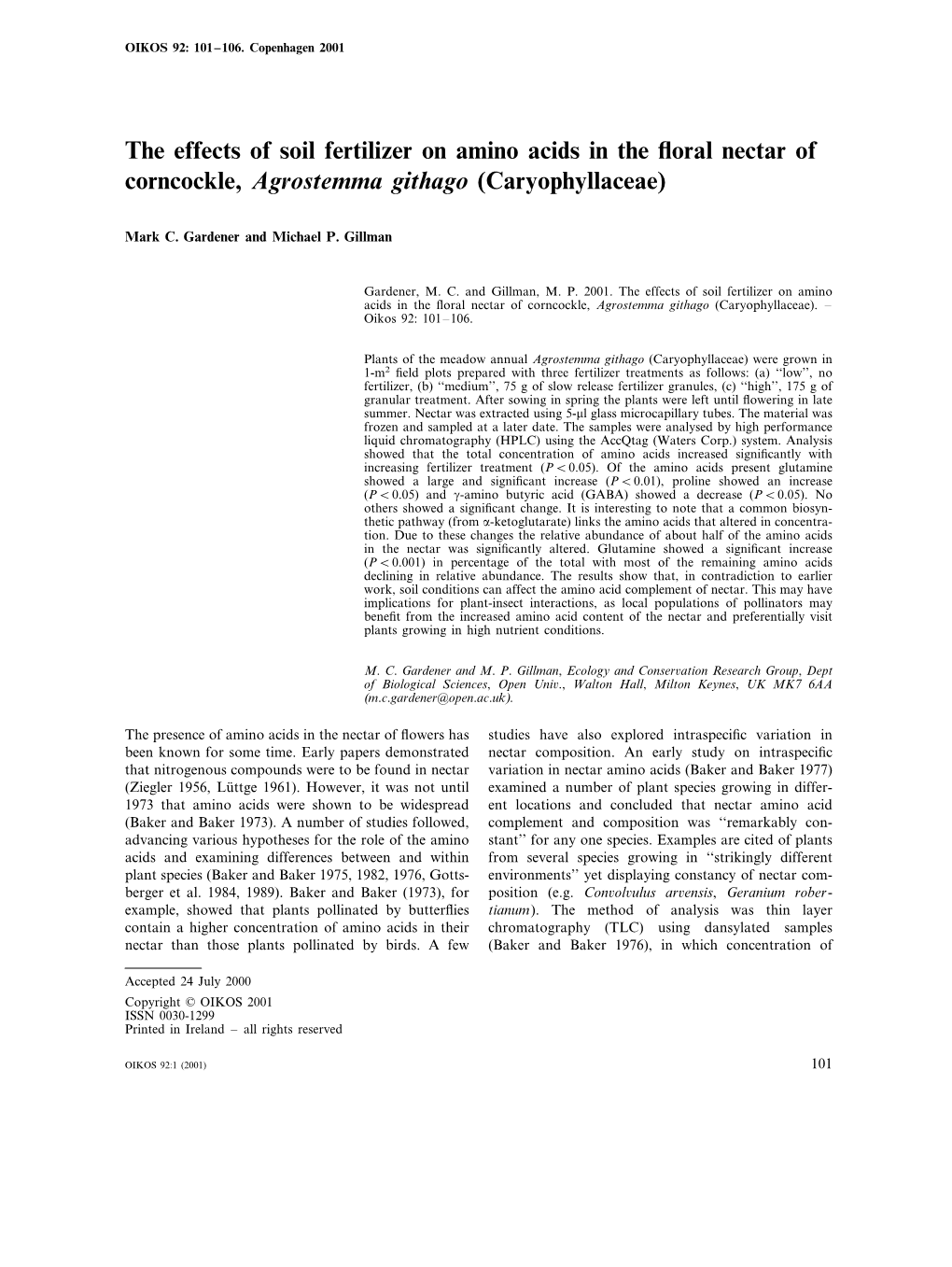 The Effects of Soil Fertilizer on Amino Acids in the Floral