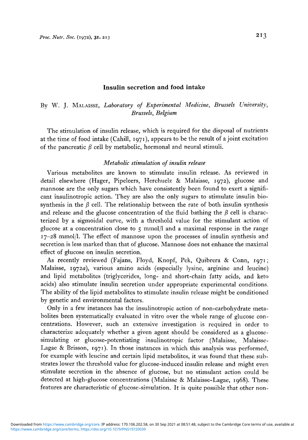 Insulin Secretion and Food Intake