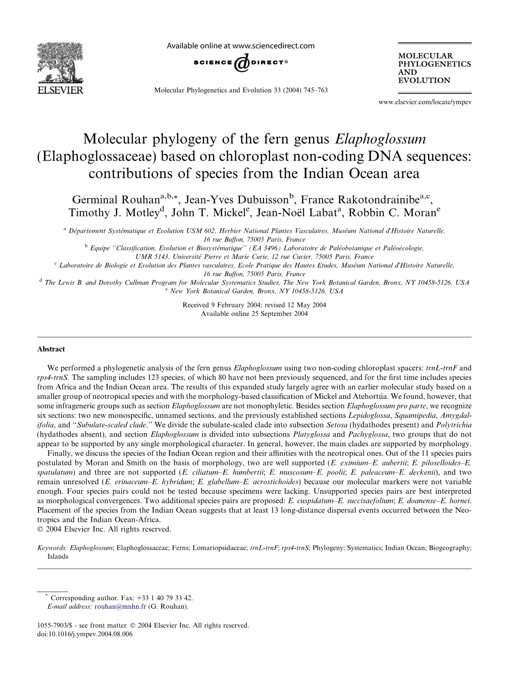 Molecular Phylogeny of the Fern Genus Elaphoglossum