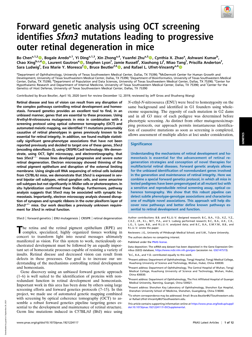 Forward Genetic Analysis Using OCT Screening Identifies Sfxn3 Mutations Leading to Progressive Outer Retinal Degeneration in Mice