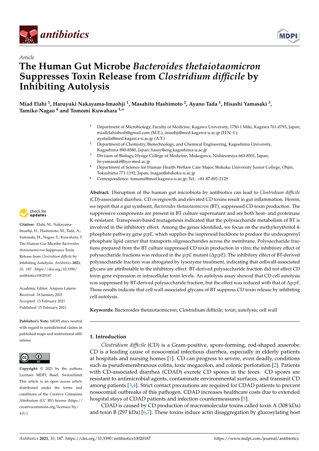 The Human Gut Microbe Bacteroides Thetaiotaomicron Suppresses Toxin Release from Clostridium Difﬁcile by Inhibiting Autolysis