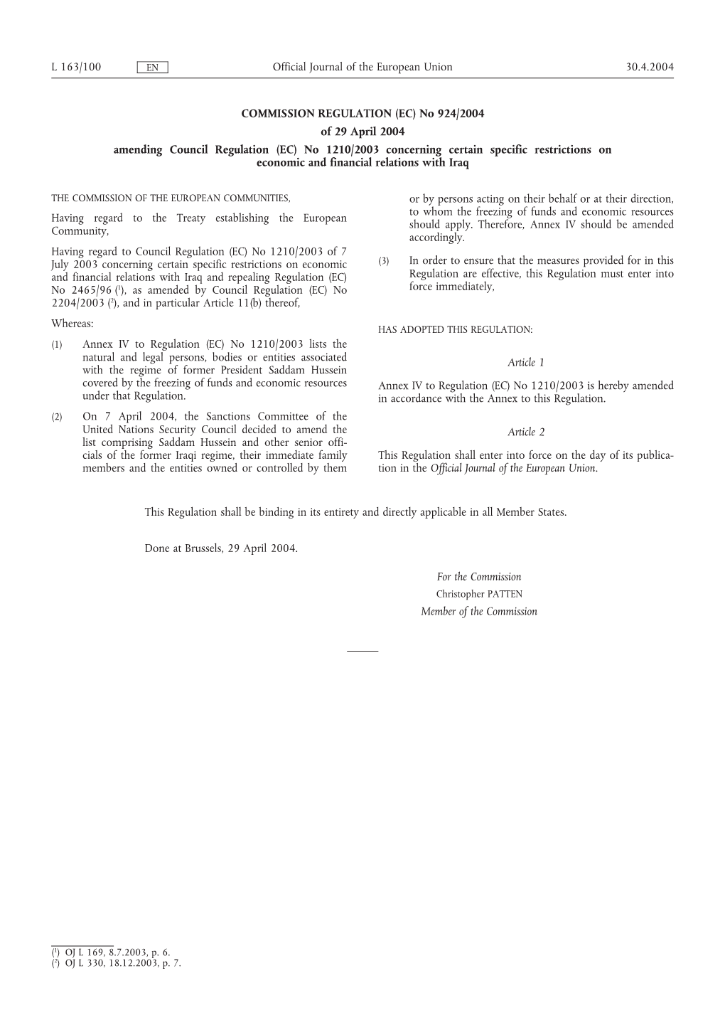 Commission Regulation (EC) No 924/2004