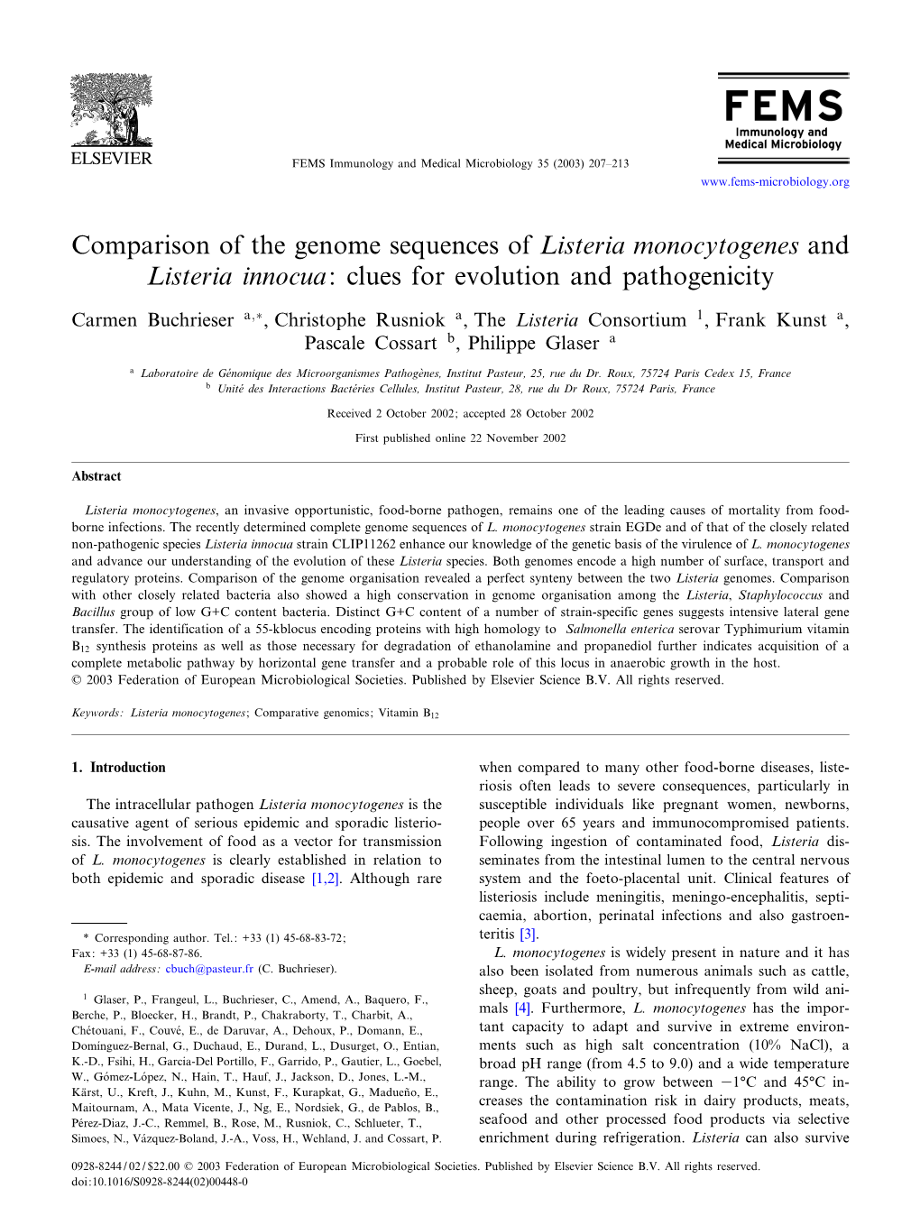 Comparison of the Genome Sequences of Listeria Monocytogenes and Listeria Innocua: Clues for Evolution and Pathogenicity