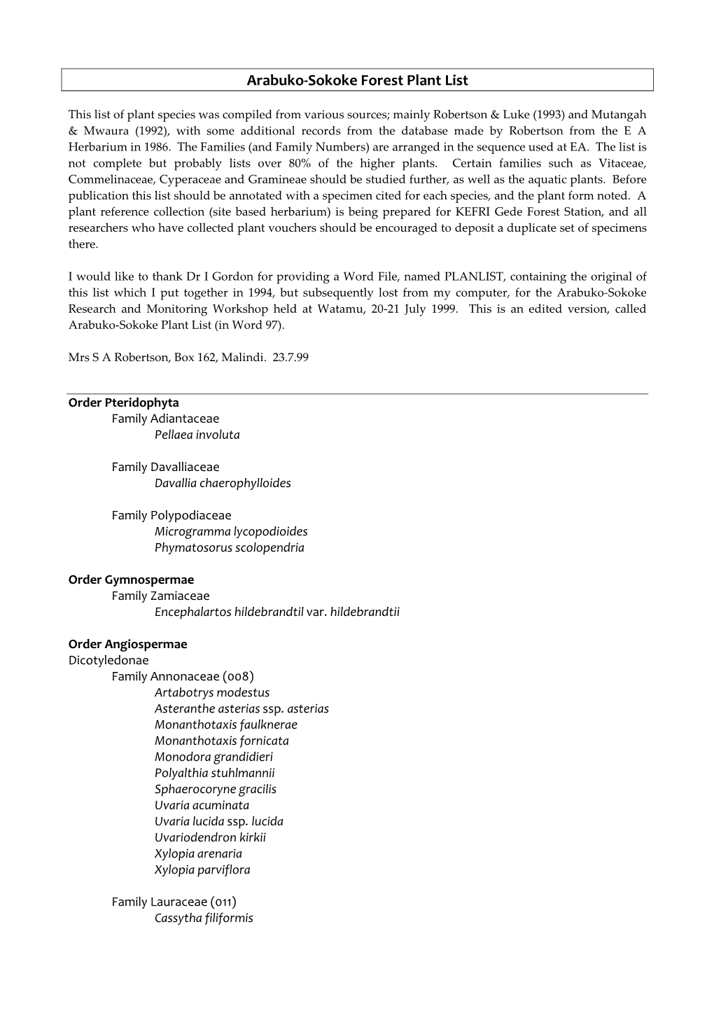 Arabuko-Sokoke Forest Plant List