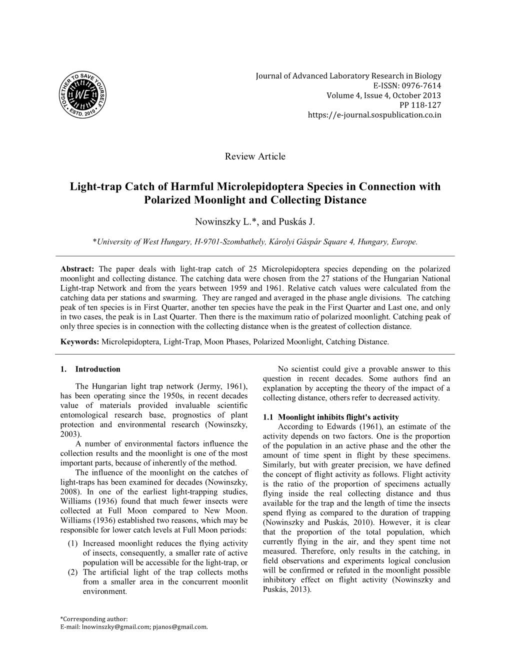 Light-Trap Catch of Harmful Microlepidoptera Species in Connection with Polarized Moonlight and Collecting Distance