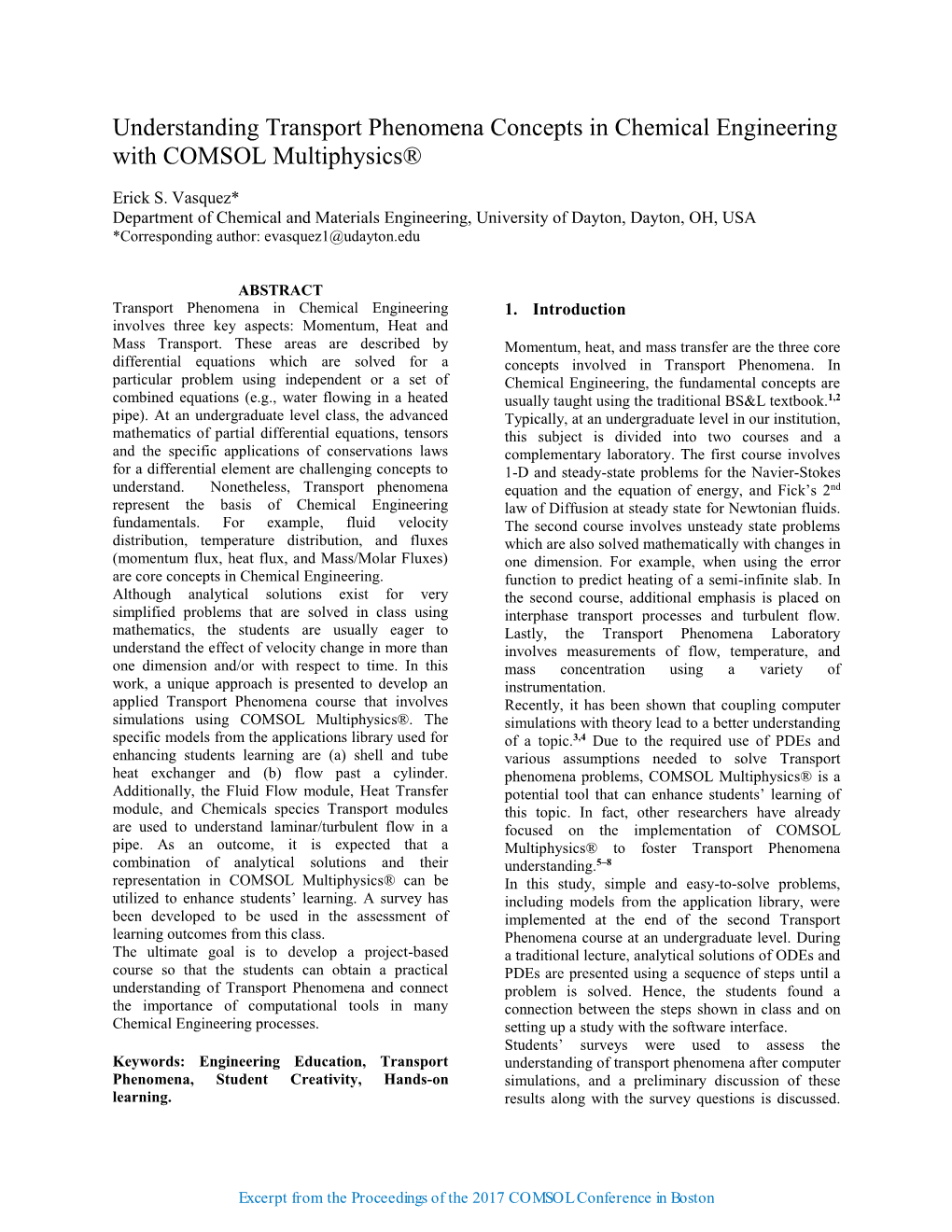 Understanding Transport Phenomena Concepts in Chemical Engineering with COMSOL Multiphysics®