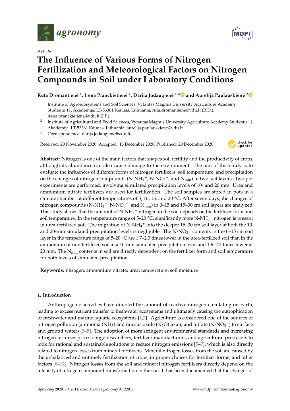 The Influence of Various Forms of Nitrogen Fertilization And