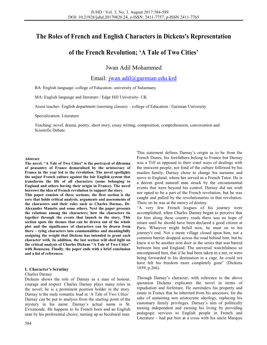 The Roles of French and English Characters in Dickens's Representation of the French Revolution