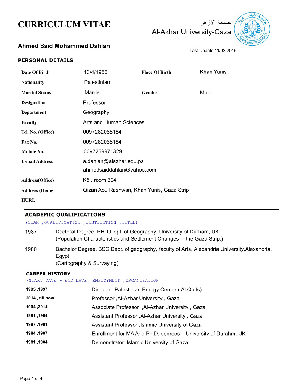 CURRICULUM VITAE Al-Azhar University-Gaza