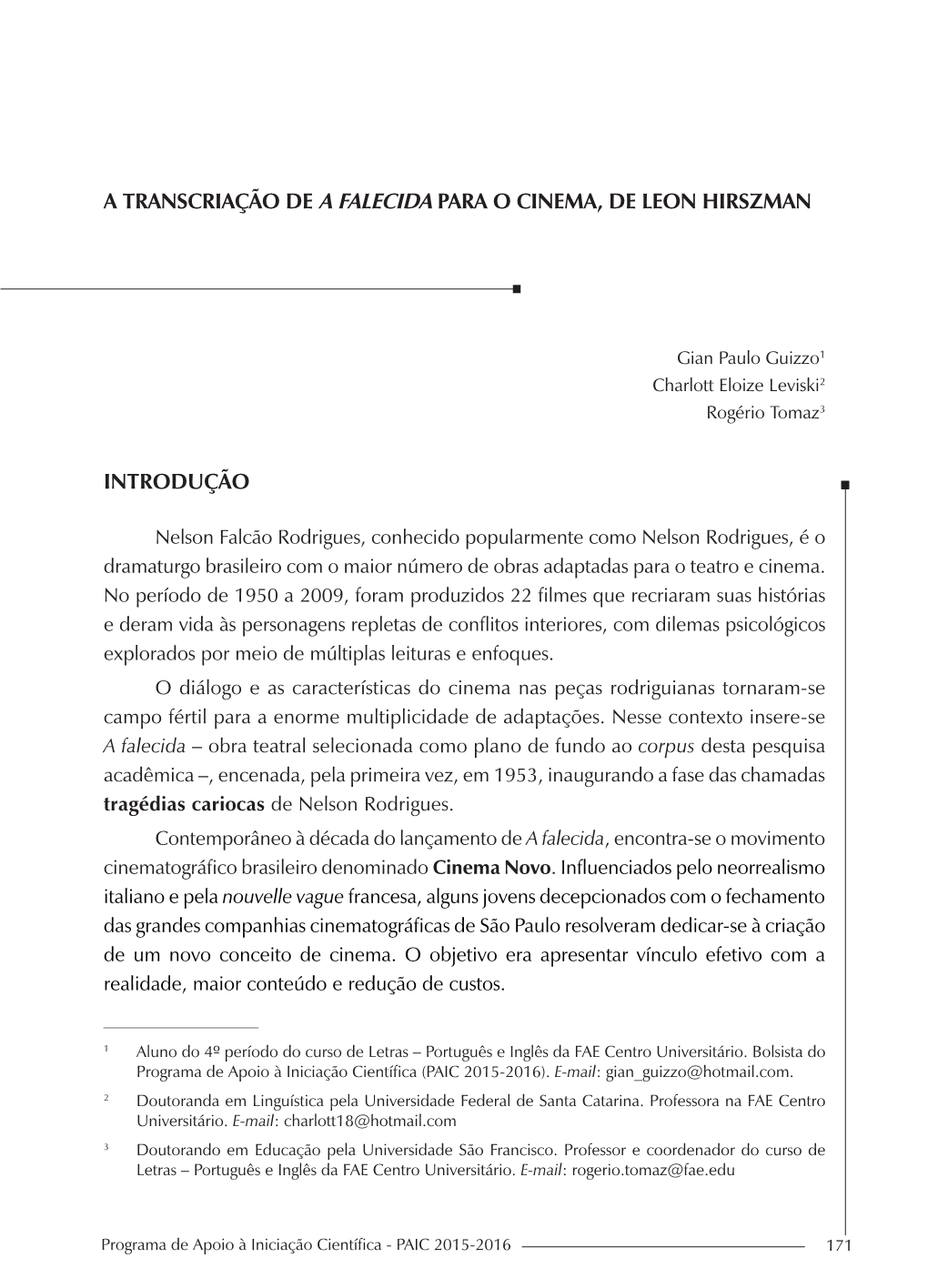 A Transcriação De a Falecida Para O Cinema, De Leon Hirszman