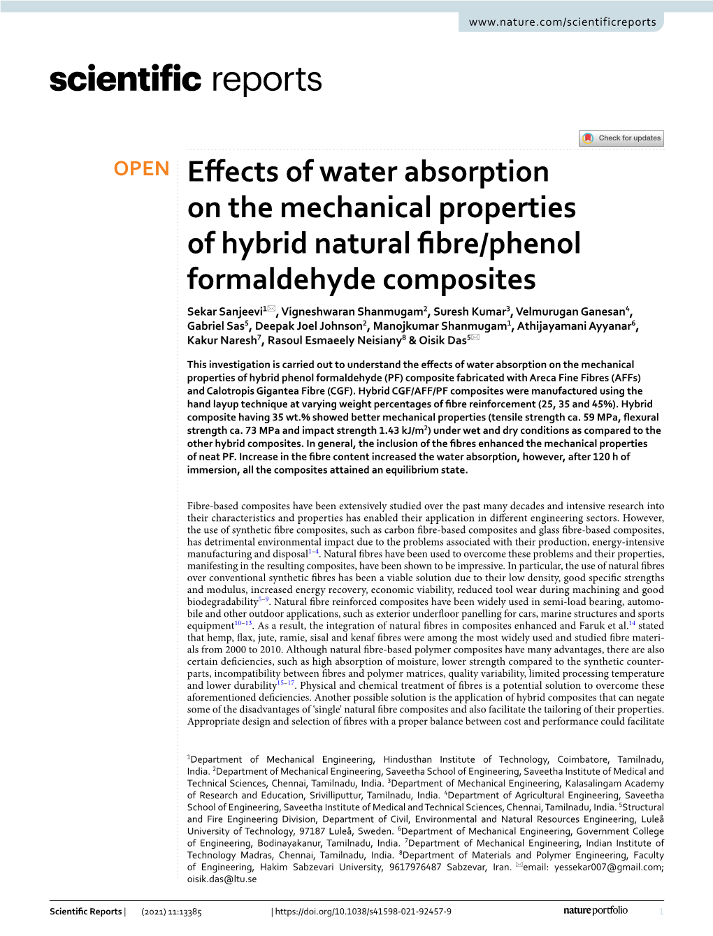 Effects of Water Absorption on the Mechanical Properties of Hybrid