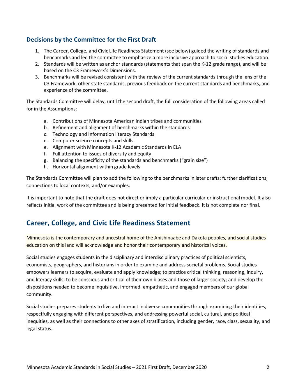 2020 Minnesota K-12 Academic Standards in Social Studies First Draft