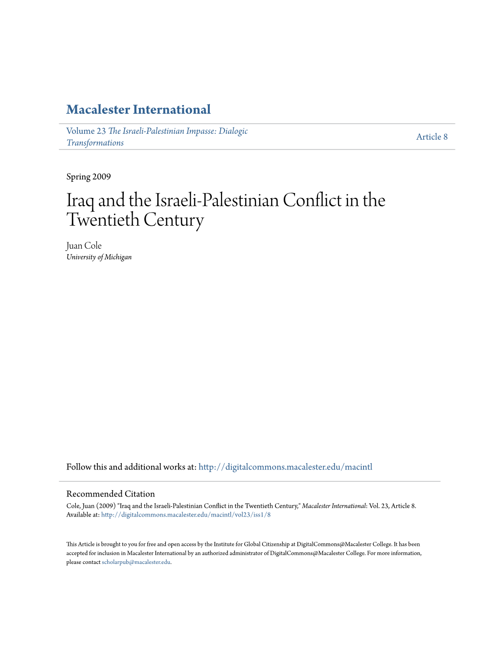 Iraq and the Israeli-Palestinian Conflict in the Twentieth Century Juan Cole University of Michigan