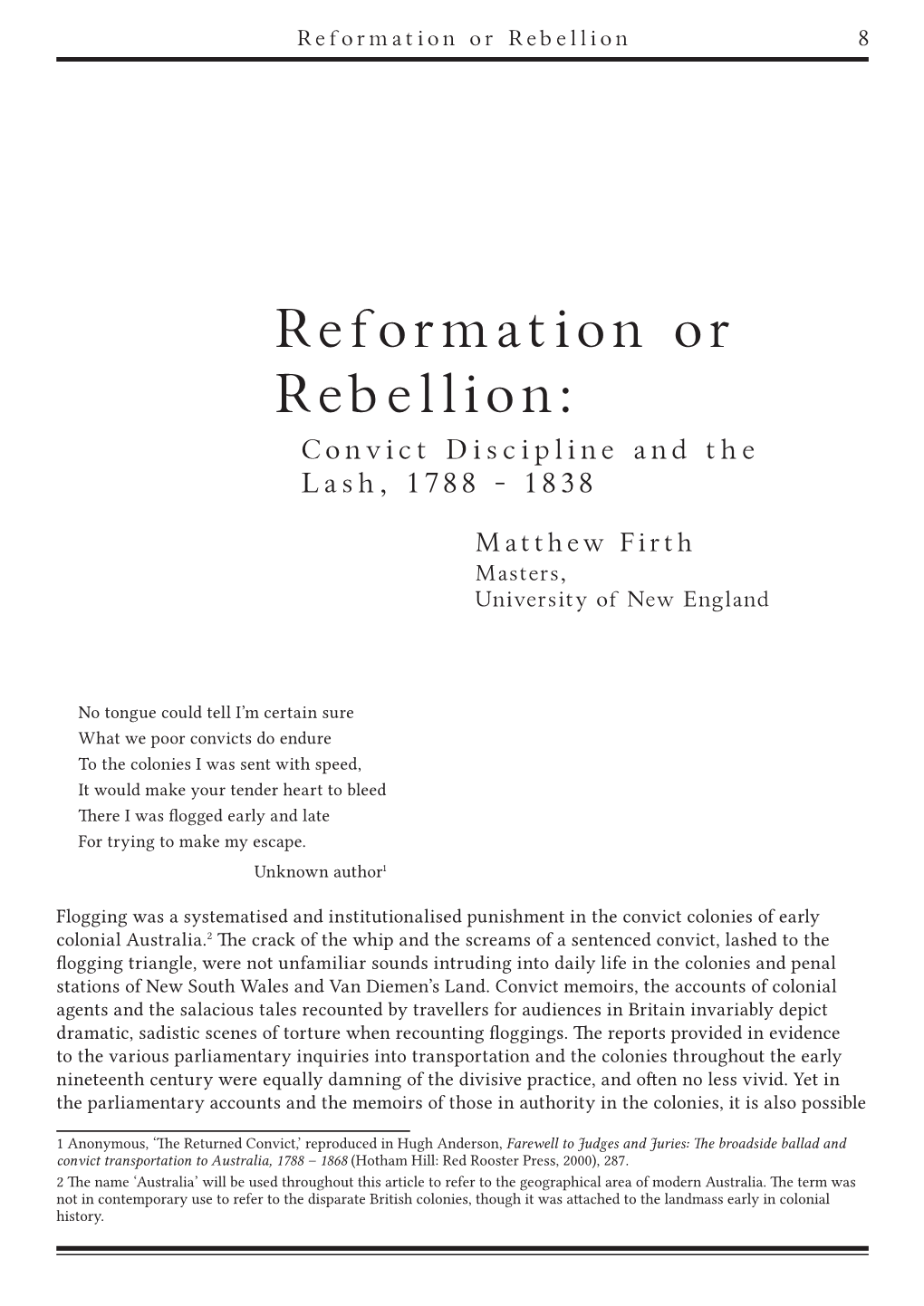 Reformation Or Rebellion: Convict Discipline and the Lash, 1788 - 1838