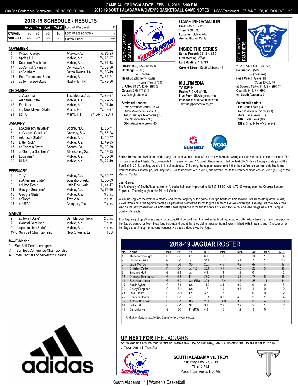 2018-19 JAGUAR ROSTER % — Sun Belt Conference Championship No