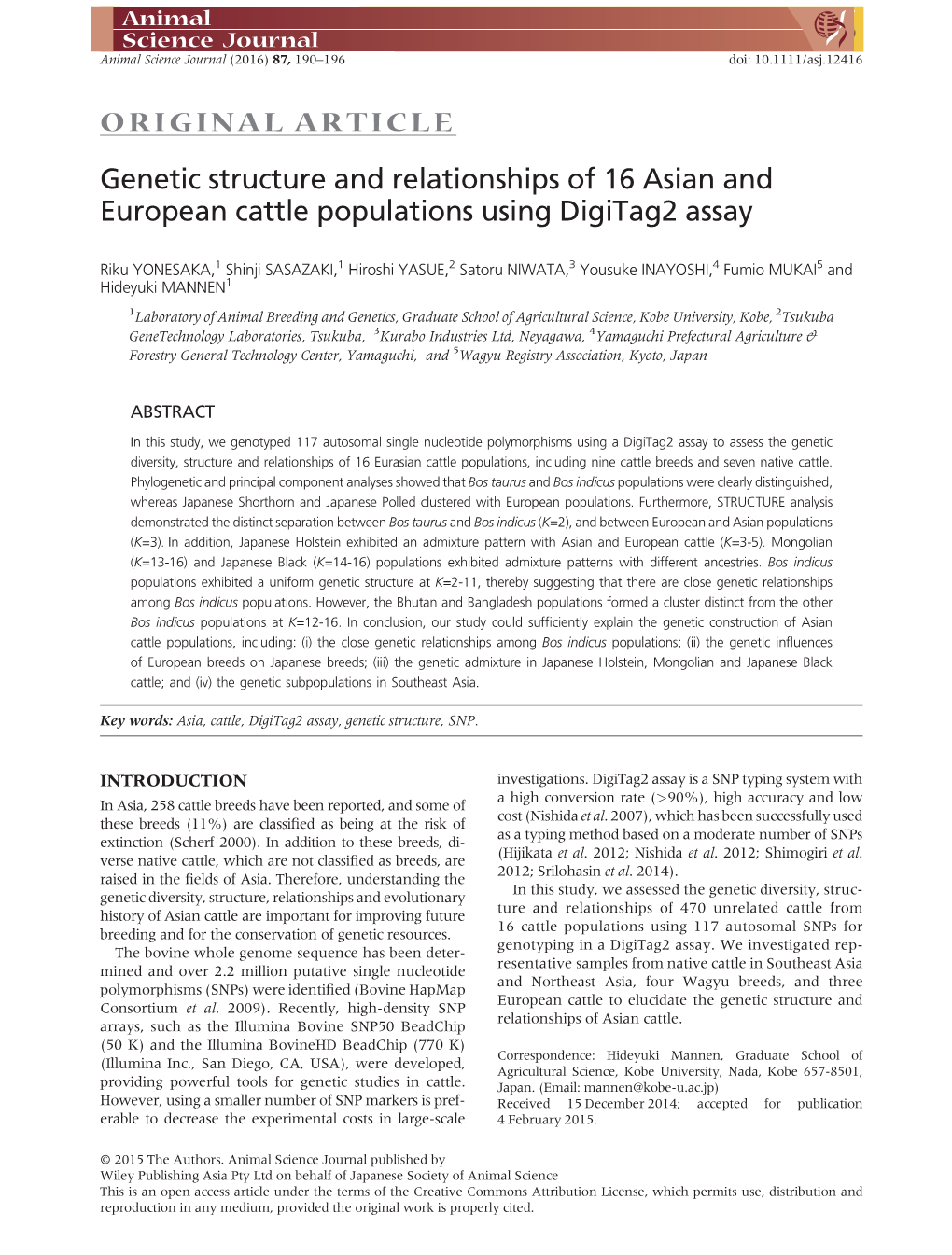 Genetic Structure and Relationships of 16 Asian and European Cattle Populations Using Digitag2 Assay