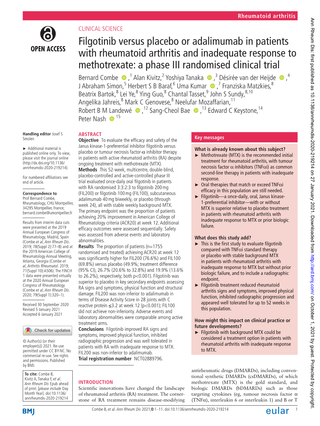 Filgotinib Versus Placebo Or Adalimumab in Patients With