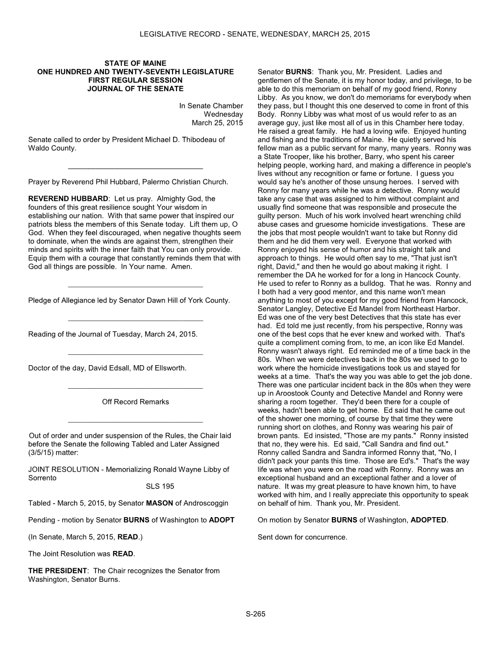 Legislative Record - Senate, Wednesday, March 25, 2015