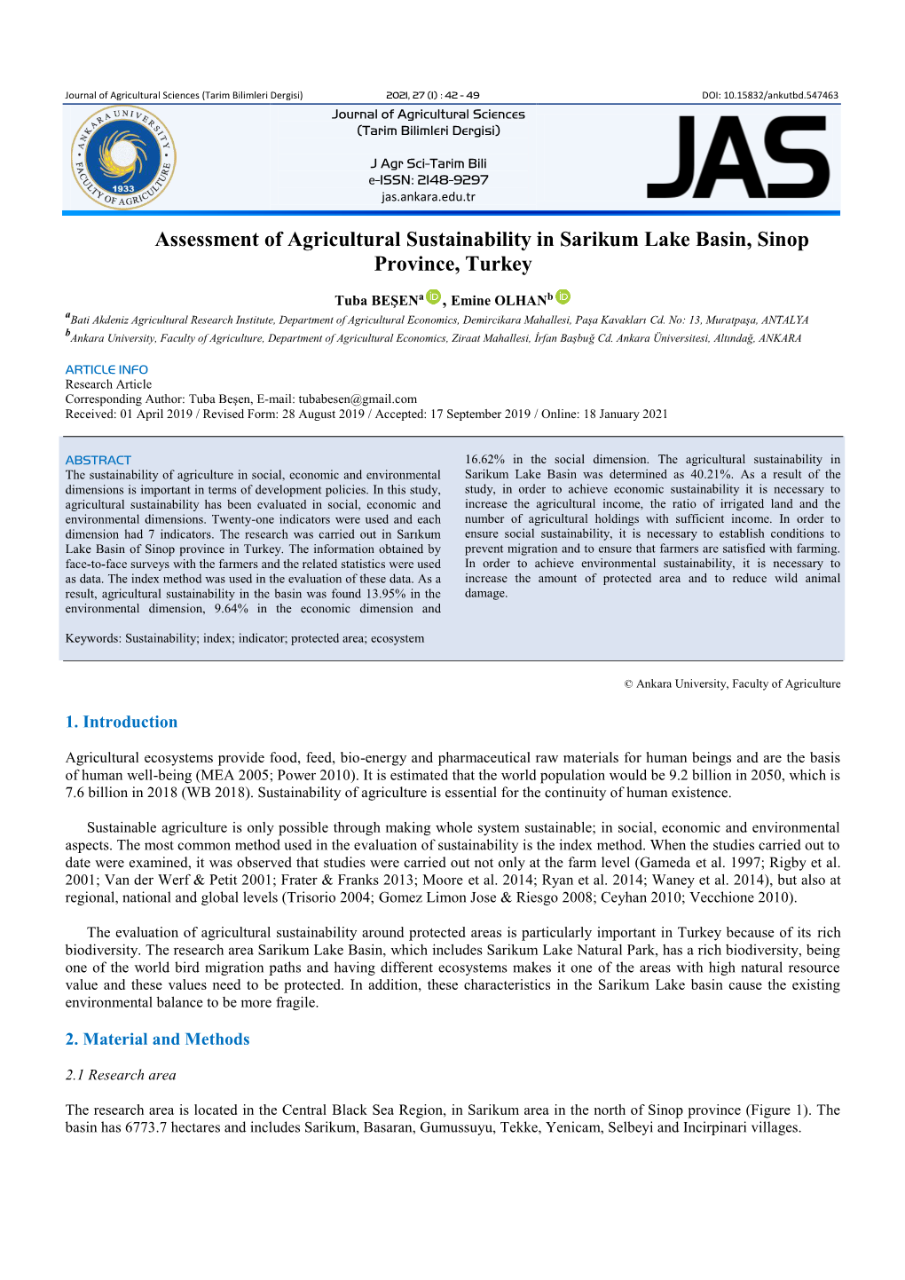 Assessment of Agricultural Sustainability in Sarikum Lake Basin, Sinop Province, Turkey