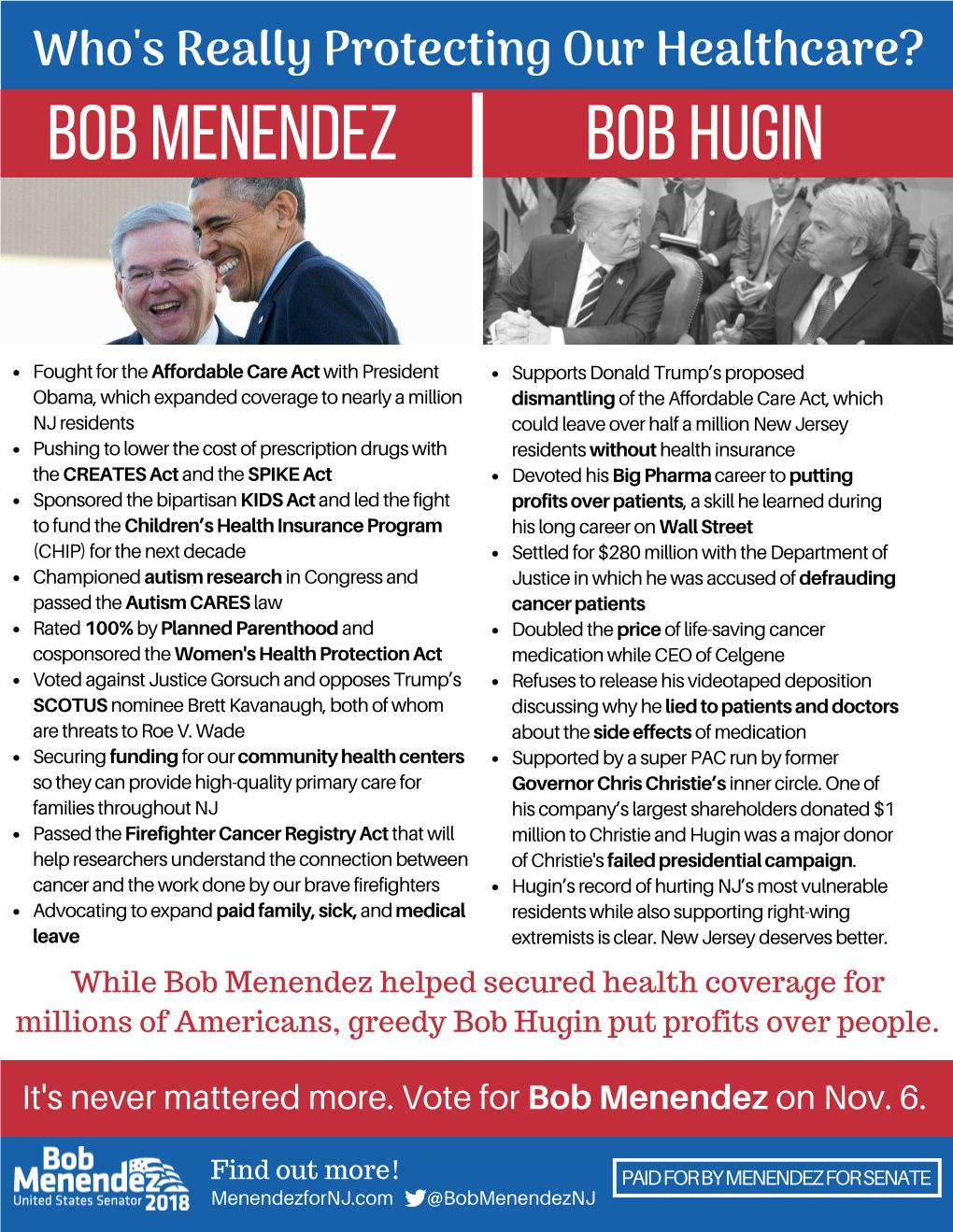 Bob Menendez Vs. Bob Hugin – Health Care Side by Side