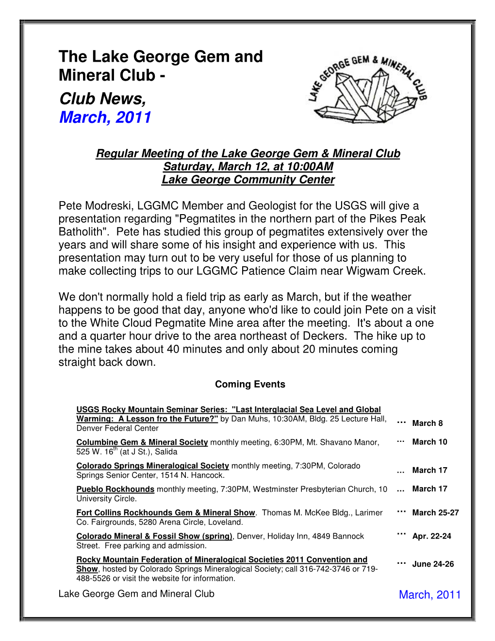 Club News, March, 2011