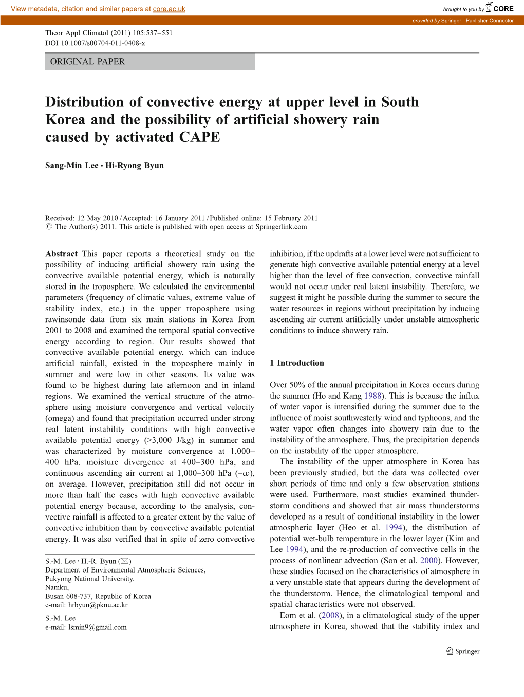 Distribution of Convective Energy at Upper Level in South Korea and the Possibility of Artificial Showery Rain Caused by Activated CAPE