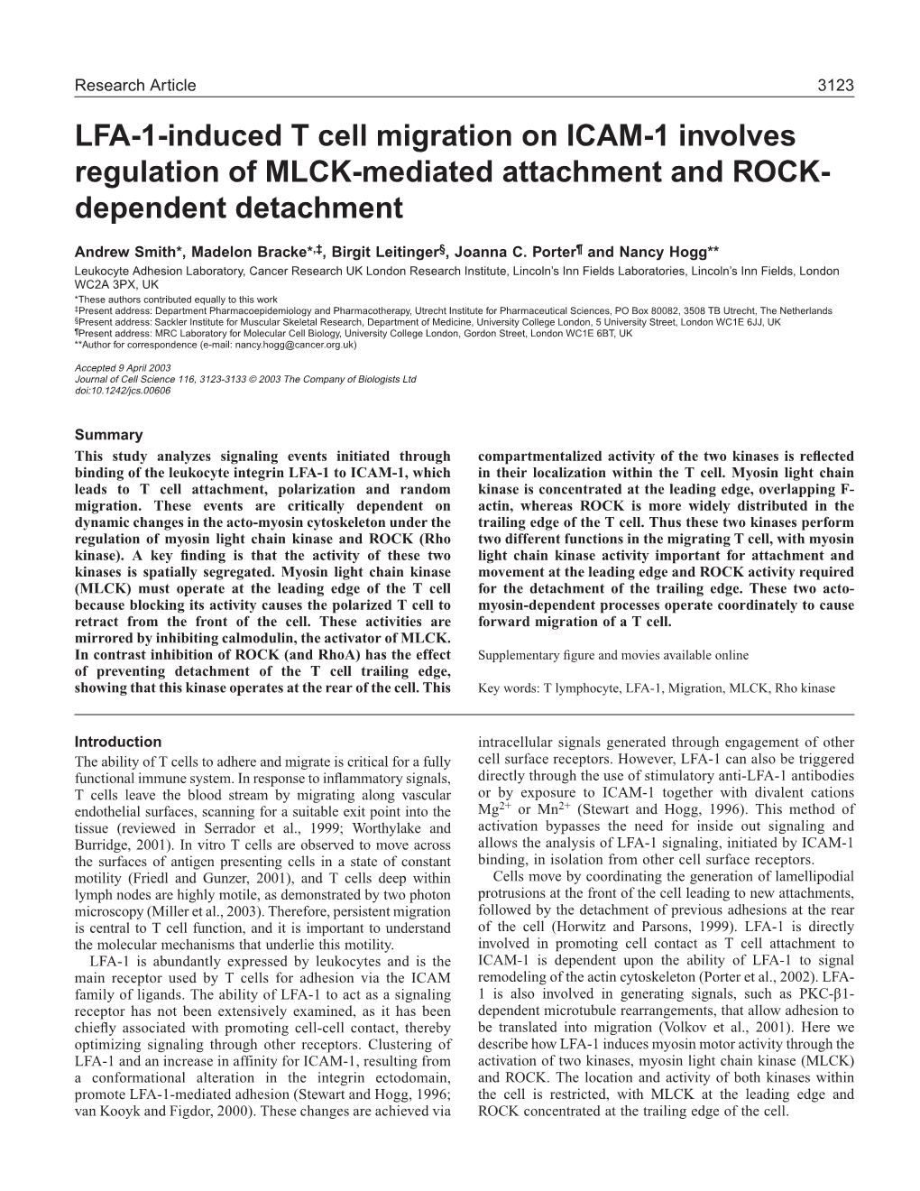 LFA-1-Induced T Cell Migration on ICAM-1 Involves Regulation of MLCK-Mediated Attachment and ROCK- Dependent Detachment