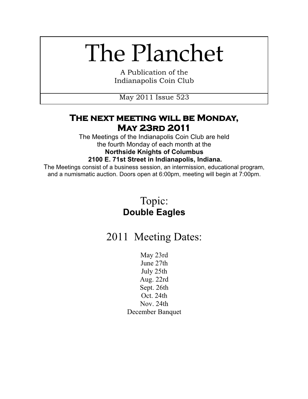 The Planchet a Publication of the Indianapolis Coin Club