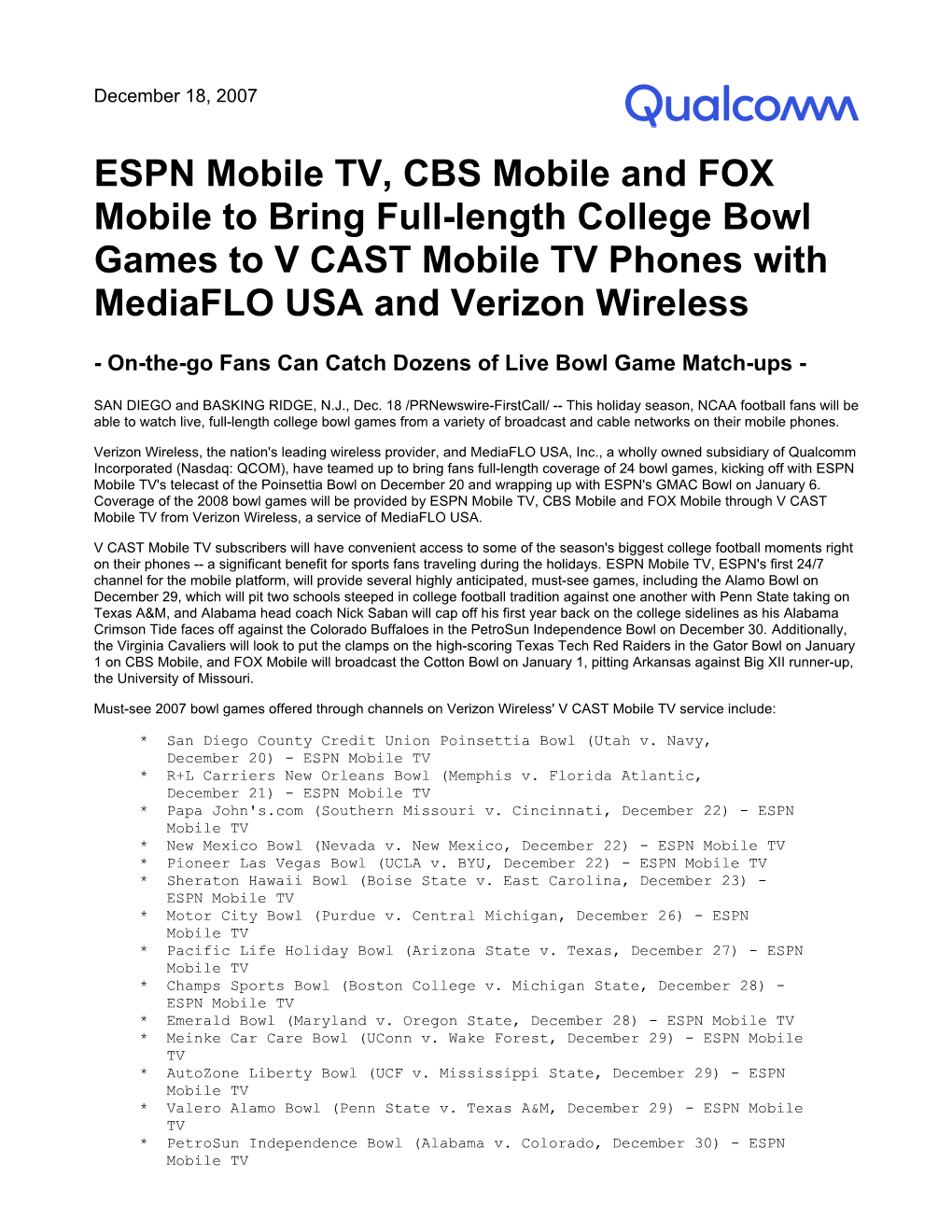 ESPN Mobile TV, CBS Mobile and FOX Mobile to Bring Full-Length College Bowl Games to V CAST Mobile TV Phones with Mediaflo USA and Verizon Wireless